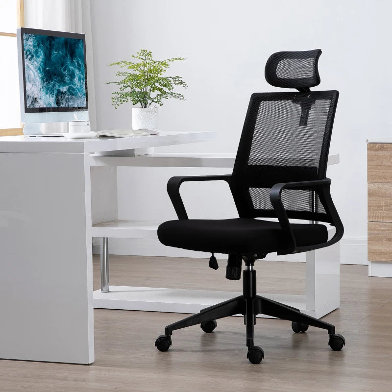 Ergonomic Mesh Swivel Office Chair with Adjustable Headrest & Lumbar Support - High Back Task Chair, Black, Adjustable Height