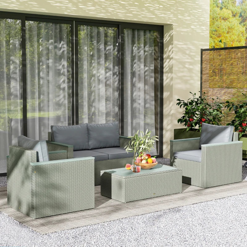 4 Piece Rattan Garden Furniture Set - Wicker Outdoor Sofa, Armchairs & Coffee Table - Light Grey