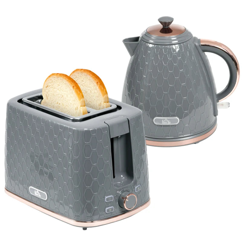 1.7L 3000W Fast Boil Kettle & 2 Slice Toaster Set - Auto Shut Off, Browning Controls, Stylish Grey Finish