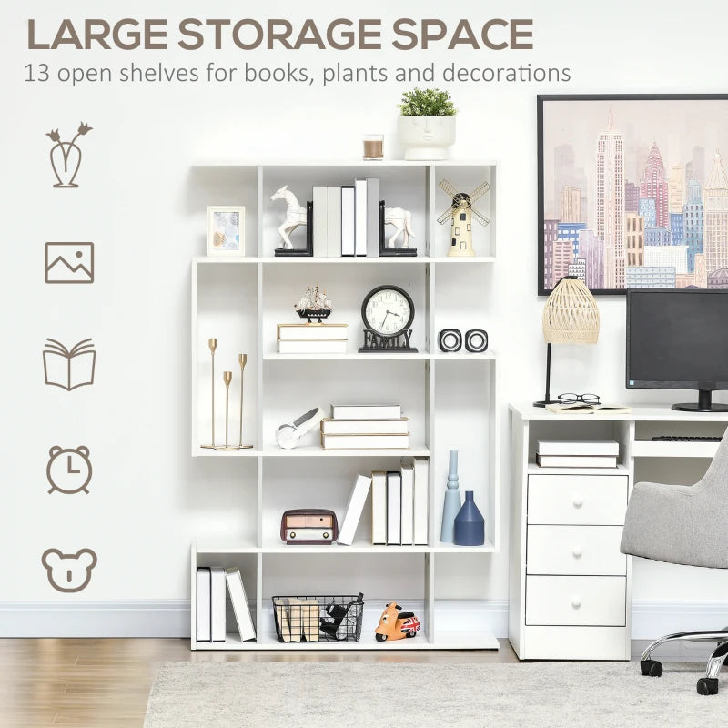 Modern 5-Tier Bookshelf - 13 Open Shelves Freestanding Bookcase for Home Office & Study - Stylish White Storage Solution