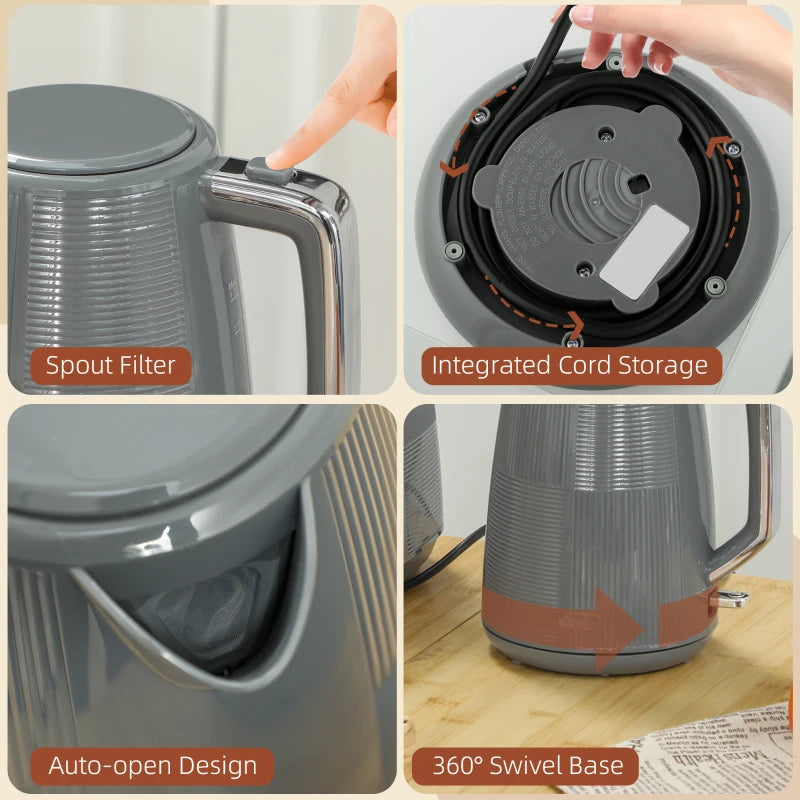 Premium Grey Kettle & Toaster Set - 1.7L Fast Boil Kettle 3000W & 2 Slice Toaster with 7 Browning Levels