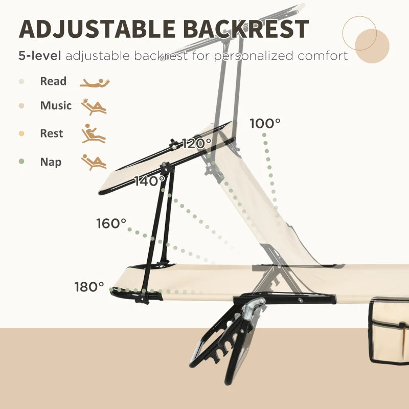 2 Piece Tan Brown Folding Sun Loungers with Canopy - Adjustable Recliner Garden Chairs with Side Pocket, Steel Frame and Breathable Mesh for Outdoor, Pool, Beach, Garden