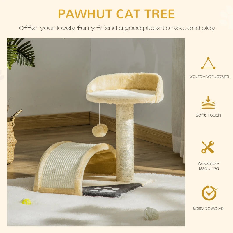 Beige Cat Tree Scratching Post - Kitten Activity Centre with Climber & Hanging Ball - Durable Cat Furniture