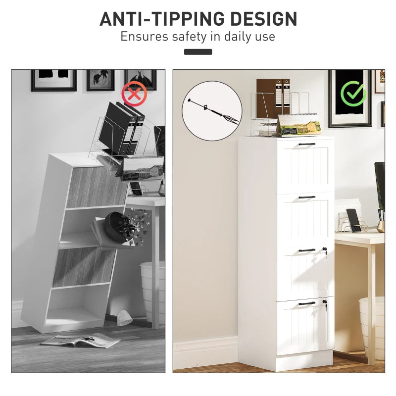 Secure 4 Drawer Filing Cabinet with Lock - Adjustable Hanging Bars for A4 Files - Stylish White Office Storage Solution