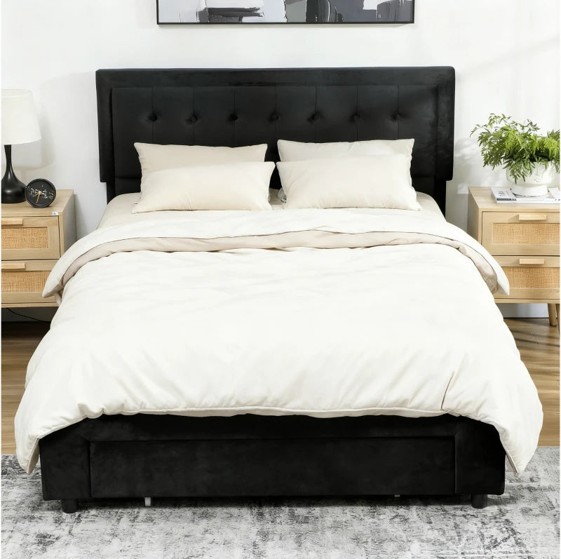 Stylish King Size Black Ottoman Bed Frame with Front Drawer - Space-Saving Storage Solution for Modern Bedrooms