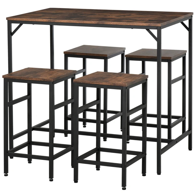 5-Piece Rustic Brown Breakfast Bar Table Set with 4 Stools - Space-Saving Kitchen Dining Furniture for Small Spaces