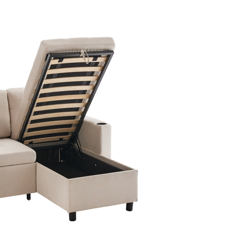 Linen Look L-Shaped Corner Sofa Bed with Storage, 3-Seater Convertible Settee with Cup Holders, Beige