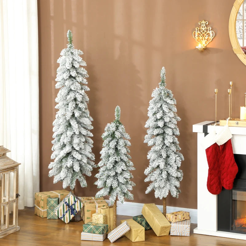 Set of 3 Flocked Pencil Christmas Trees - 3ft, 4ft, 5ft - Perfect Holiday Decor for Home & Office