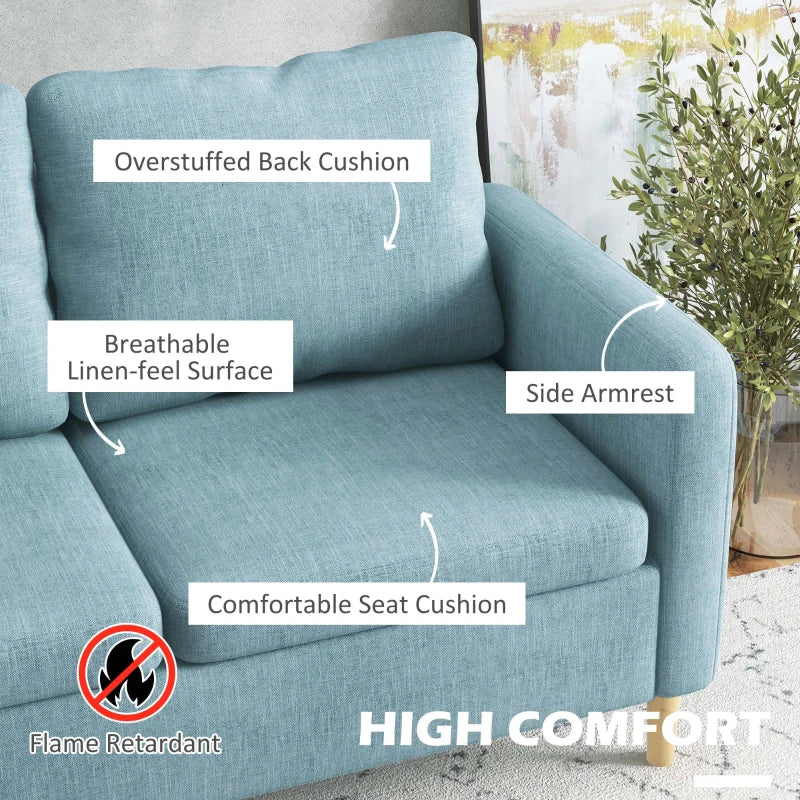 Modern Two-Seater Sofa for Living Room, Stylish Fabric Couch with Wooden Legs and Storage Pockets, Blue