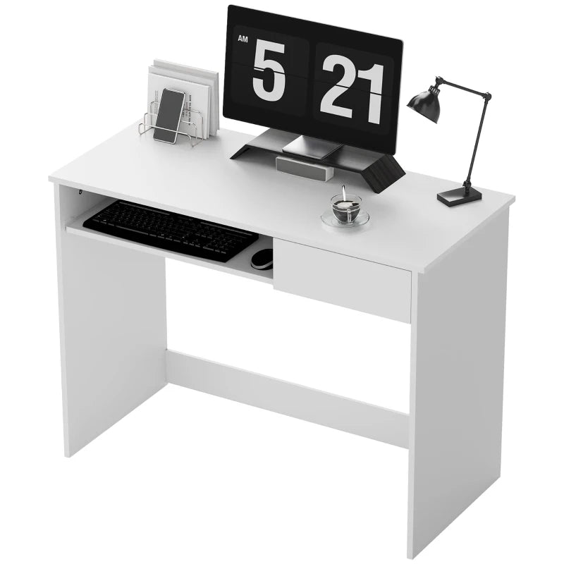 100cm Compact Computer Desk with Keyboard Tray & Drawer - Stylish Home Office Desk for Bedroom Study, White Finish