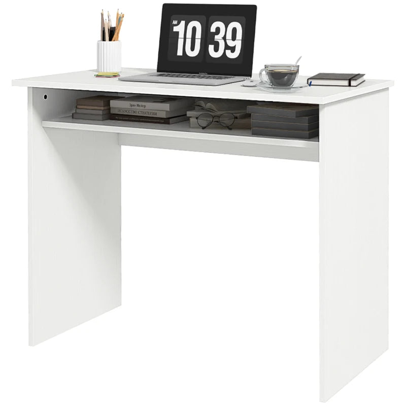Modern White Wood Grain Computer Desk - Small Home Office Writing Table with Storage Shelf, 90 x 50cm