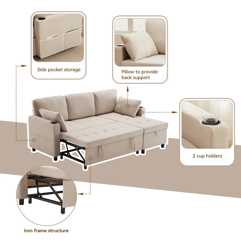 Linen Look L-Shaped Corner Sofa Bed with Storage, 3-Seater Convertible Settee with Cup Holders, Beige