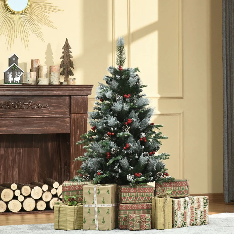 4FT Snow Dipped Christmas Pencil Tree with Red Berries & White Pinecones - Foldable Holiday Decoration for Home Parties