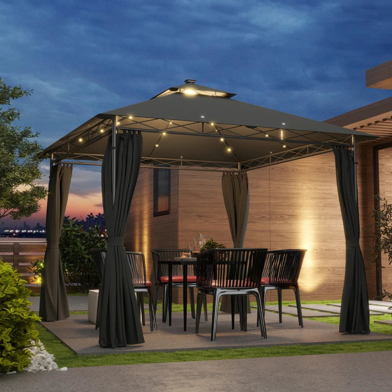 3 x 3 m Dark Grey Garden Gazebo with Double Roof, Curtains & Solar-Powered LED Lights - Outdoor Canopy Shelter for Patio & Deck