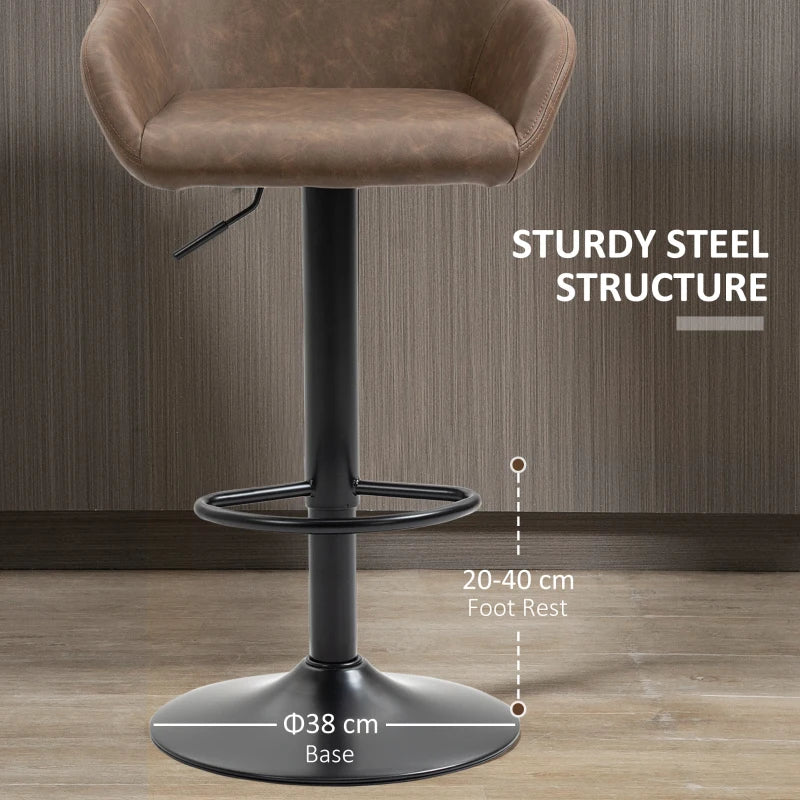 Set of 2 Height Adjustable Swivel Bar Stools with Backs, Armrests & Footrest - Dark Brown PU Leather Kitchen Seating