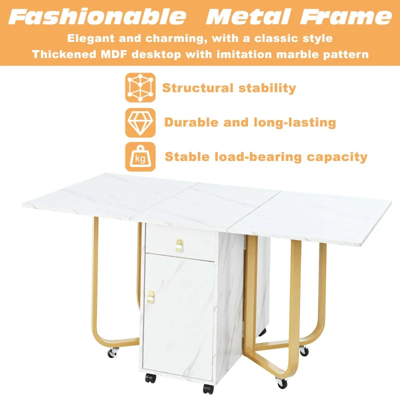 Folding Extendable Dining Table with Cupboard & 2 Drawers - Space-Saving Utility Table on Castors, Adjustable Legs, White/Gold