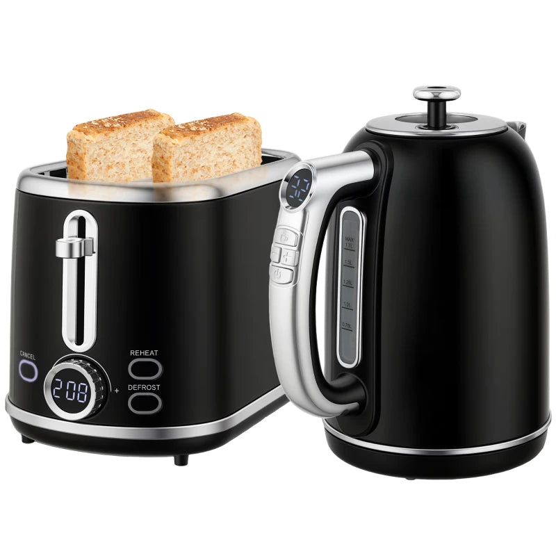 Polished Retro Black Kettle and Toaster Set - Stylish 40-100°C Temperature Control for Modern Kitchens