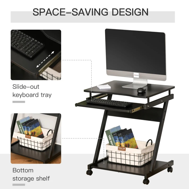 Movable Black Computer Desk with 4 Wheels & Sliding Keyboard Tray - Ideal Home Office Workstation