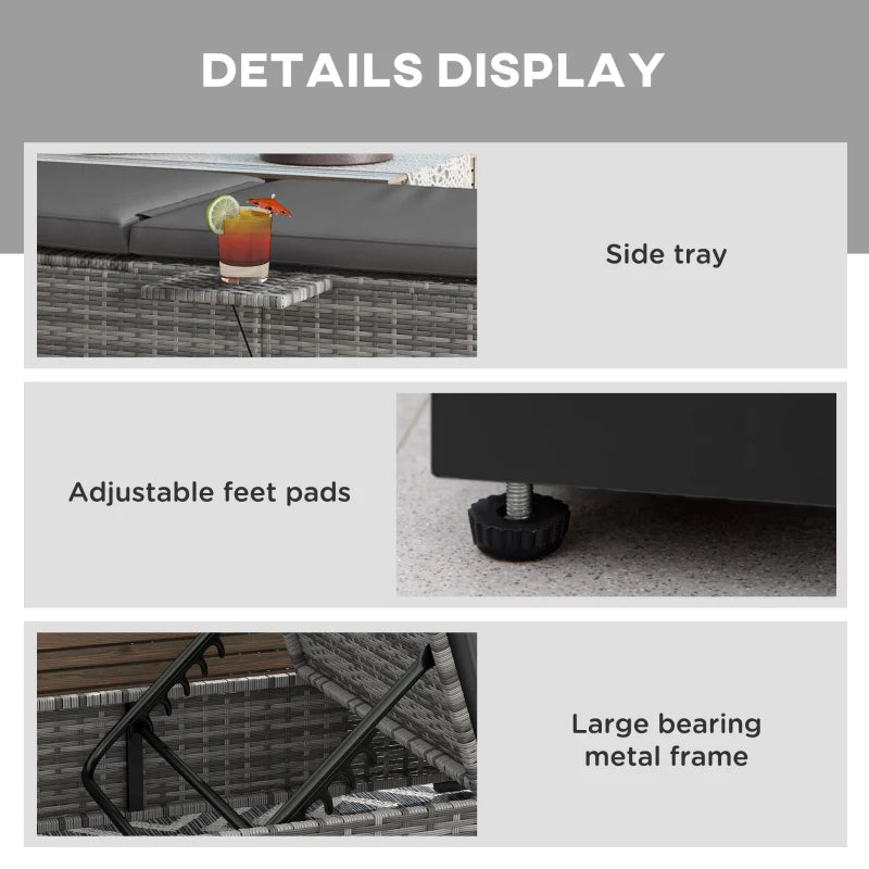 Grey Rattan Sun Lounger with Cushion & Tea Tray - 5-Level Reclining Outdoor Patio Furniture