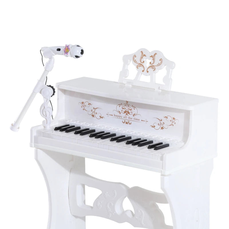 Kids Mini Piano Keyboard Set - Light-Up Electronic Grand Piano Toy with Stool, Microphone & Music Stand - Educational Musical Instrument (White)
