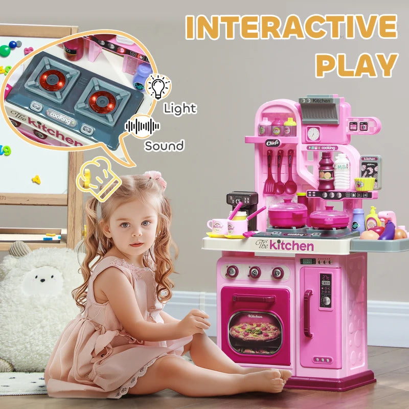 Kids Play Kitchen Set with 33 Accessories Lights Sounds Storage for Ages 3-6 Pink