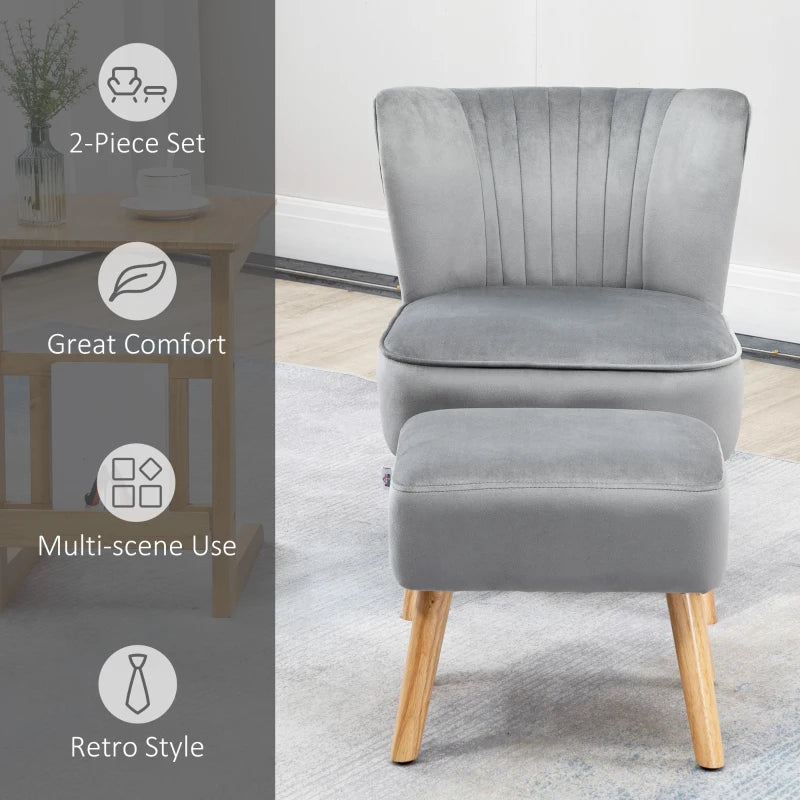 Velvet Accent Chair with Ottoman - Curved Back Tub Seat, Light Grey, Stylish Home Furniture