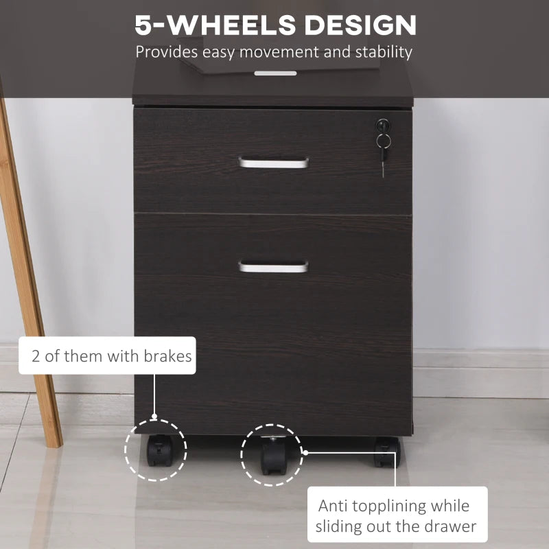 Vinsetto 2-Drawer Locking Filing Cabinet with Wheels - A4 Storage Cupboard for Home Office - Black Wood Grain