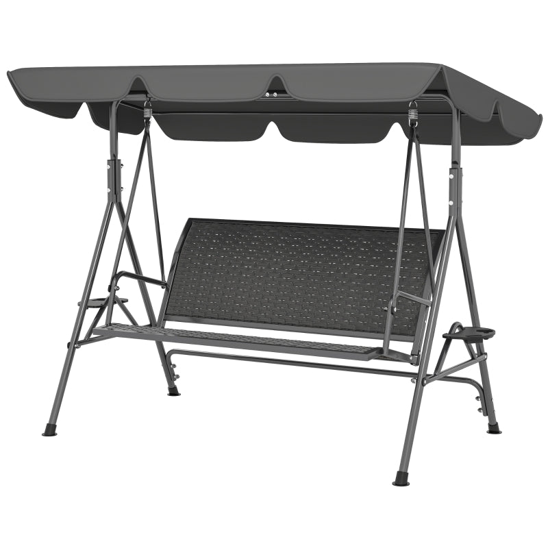 3 Seater Garden Swing Chair with Adjustable Canopy, Rattan Seat & Steel Frame, Grey
