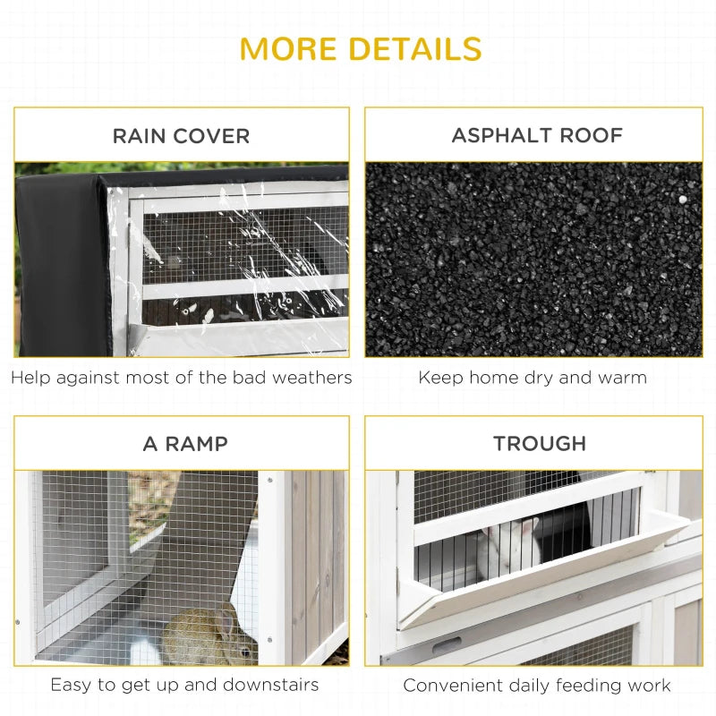 White Wooden Pet Hutch - Two-Tier Cage with Rain Cover & Wheels for Easy Mobility - Perfect for Rabbits & Small Pets