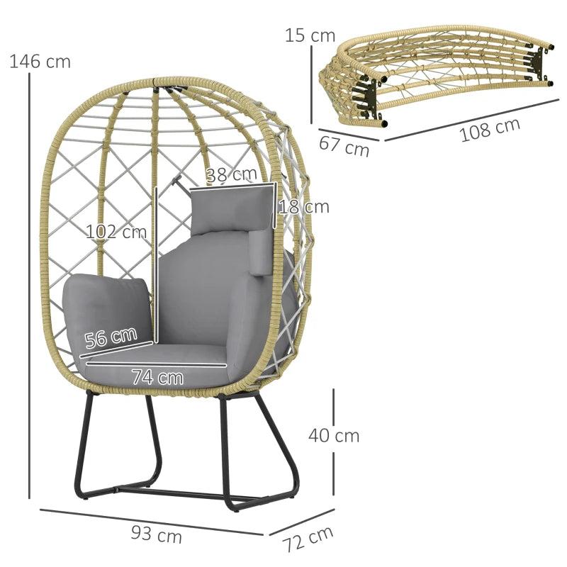 Grey Rattan Egg Chair - Outdoor Indoor Wicker Chair with Thick Cushion & Headrest