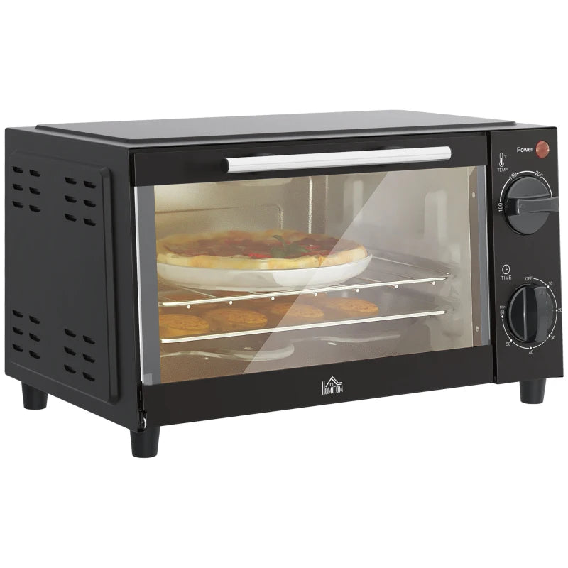 Compact 9L Mini Oven & Electric Grill - Adjustable Temp, Timer, Dishwasher Safe Tray, 750W, Black Countertop Toaster Oven