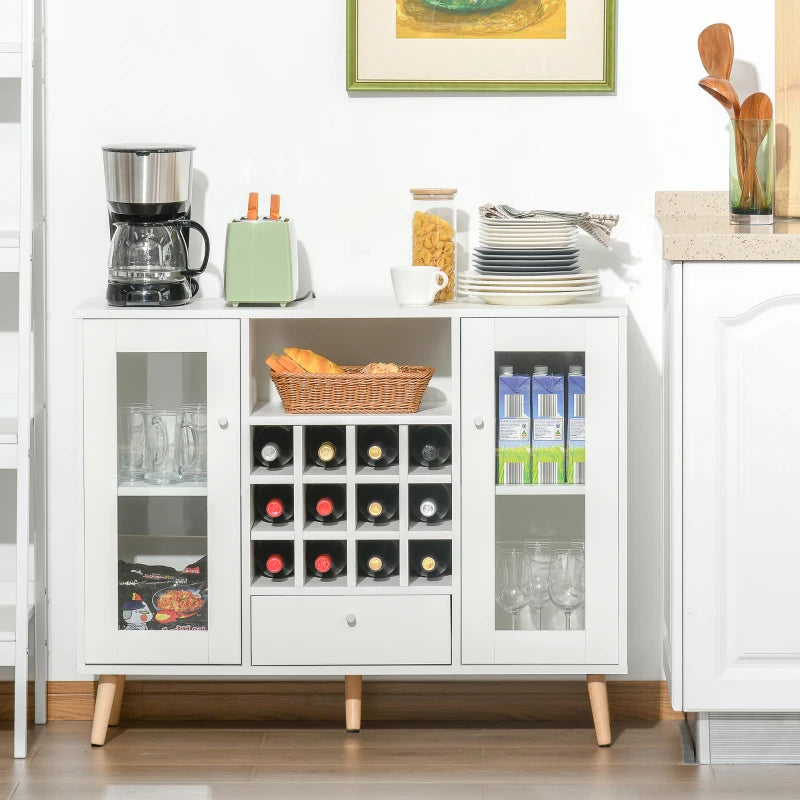 Modern White Sideboard Storage Cabinet with Glass Doors, Drawer & 12-Bottle Wine Rack for Kitchen, Dining & Living Room