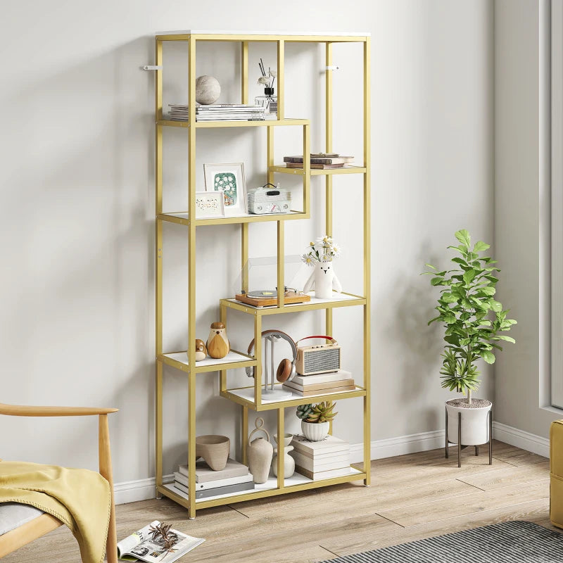 Unique Seven-Tier Geometric Bookcase in White and Gold Tone - Stylish Storage Solution for Modern Home Decor
