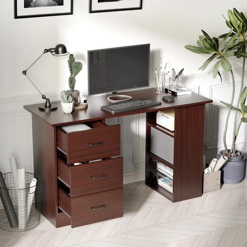 Walnut Brown Computer Desk with 3 Storage Shelves & Drawers - Stylish Writing Table for Home Office, Black Handle