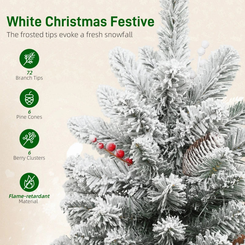 60 cm Prelit Small Christmas Tree - 35 LED Lights, Snow Flocked Mini Xmas Tree with Pine Cones & Berry Clusters