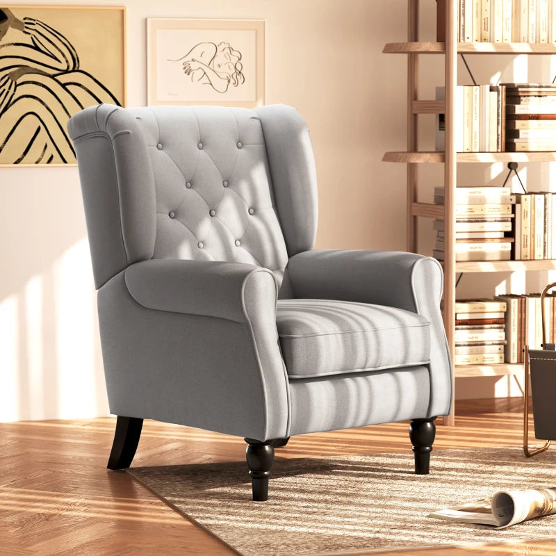 Retro Wingback Accent Chair with Button Tufting and Wooden Frame for Living Room or Bedroom, Grey