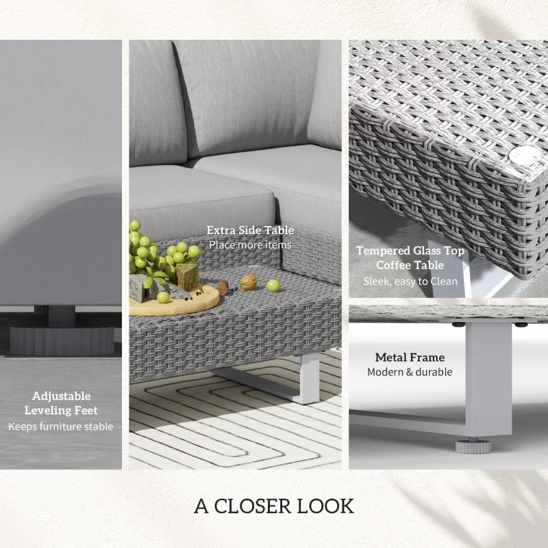 5-Seater Light Grey Rattan Wicker Sofa Set with Cushions and Patio Tea Table