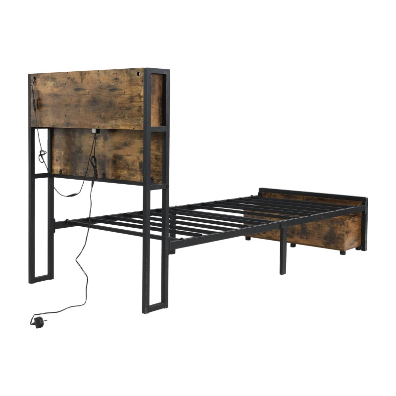 Modern Metal Single Bed with LED Lights & USB Charging Ports, Sturdy Iron Slats, Black & Natural, 209x90.5x114.5 cm