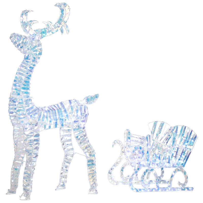 Lighted Christmas Reindeer Sleigh - 170 Warm White LED Outdoor Yard Decor, Waterproof Silver Holiday Decoration with Stakes