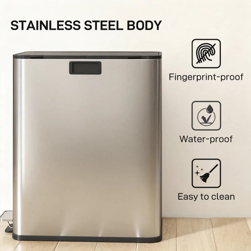 Dual Kitchen Bin with Soft-Close Butterfly Lid - 2x28L Stainless Steel Pedal Bin, Fingerprint-Proof for Recycling & Waste, Silver