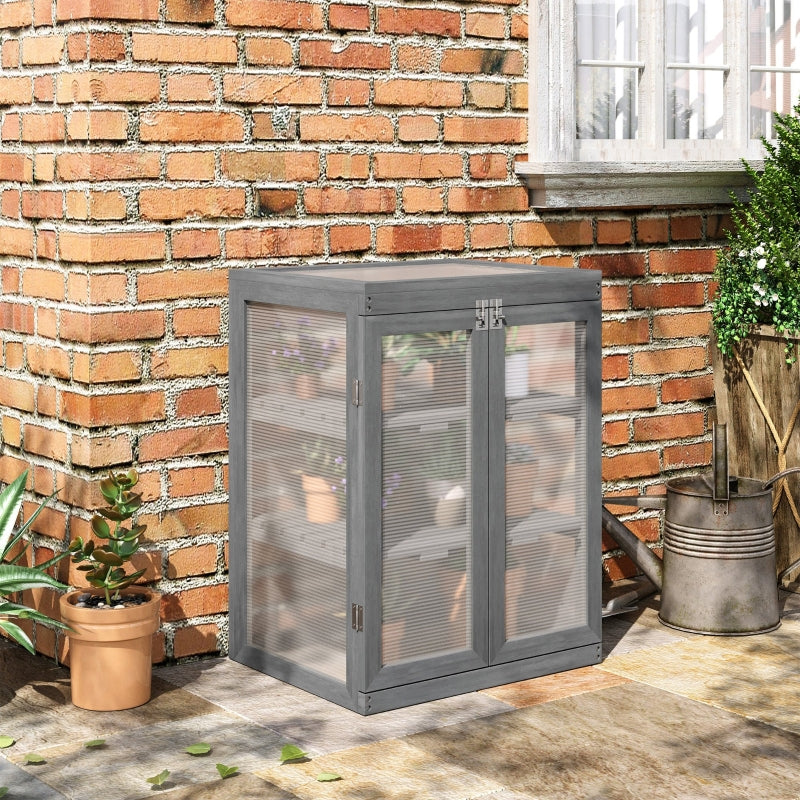 3-Tier Dark Grey Wood Greenhouse with Storage Shelf for Plants