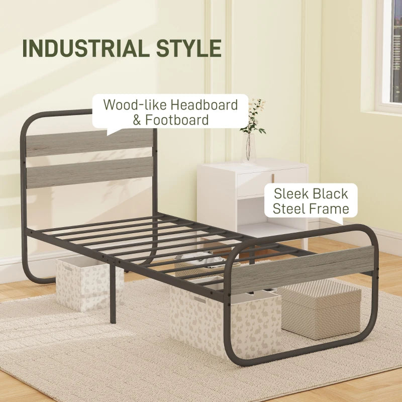 Industrial Style 3ft Single Metal Bed Frame with Under Bed Storage - Easy Assembly, No Box Spring Needed, Grey