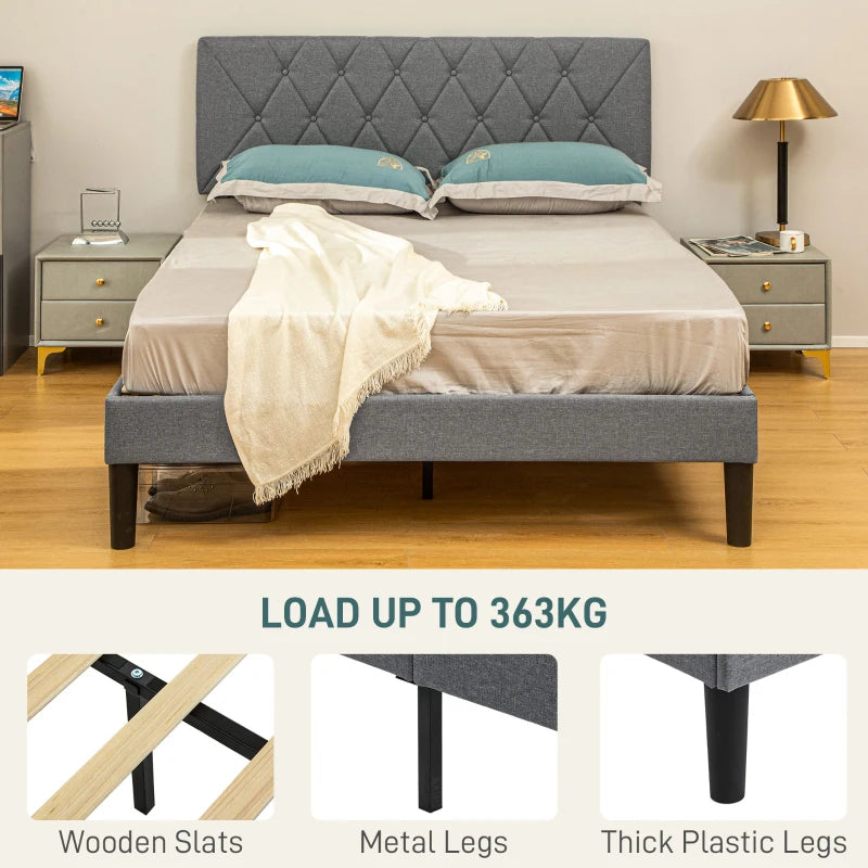 Adjustable Linen Upholstered Double Bed Frame with Stylish Headboard in Grey 145x196x120cm