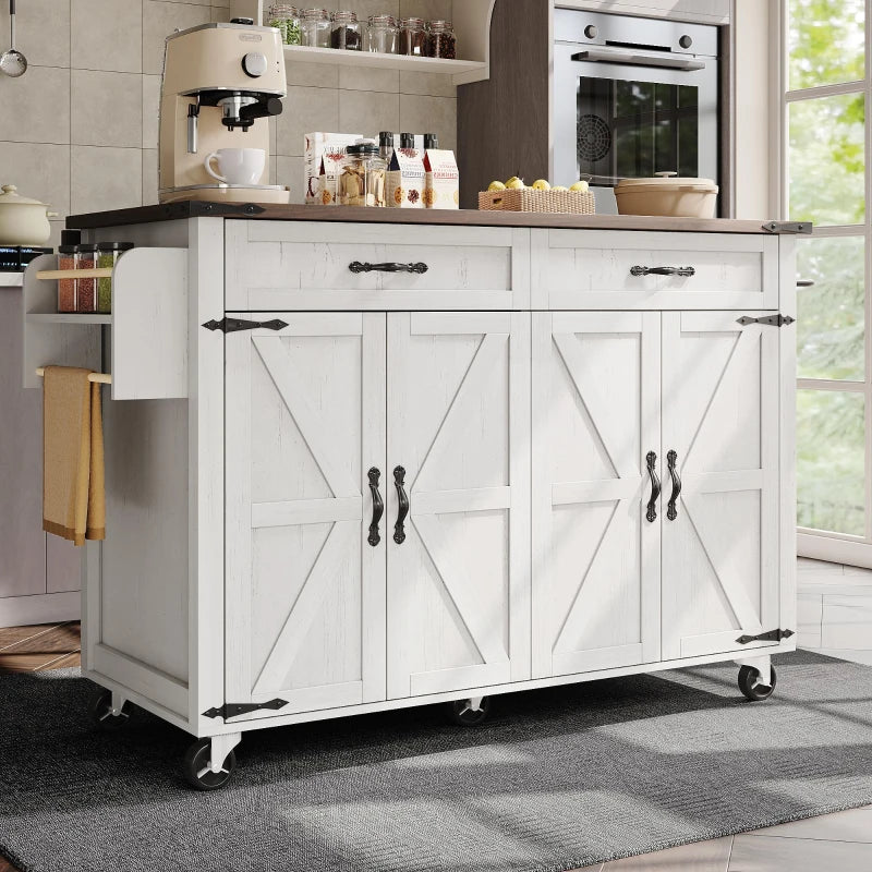 Farmhouse Style Kitchen Island Trolley - Adjustable Shelf, Cabinets & Drawers, Modern Rolling Storage Cabinet, White, 140x73x90.5 cm