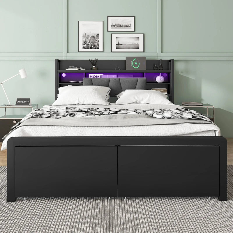 Modern Metal Bed Frame with LED Lights & Charging Ports, Storage Drawers, Padded Headboard, 209x137.5x100 cm, Black