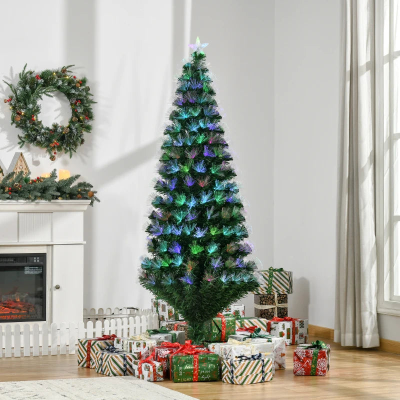 6FT Multicoloured Pre-Lit Artificial Christmas Tree with Fibre Optic Lights, Metal Stand & Star Holder - Festive Home Decoration