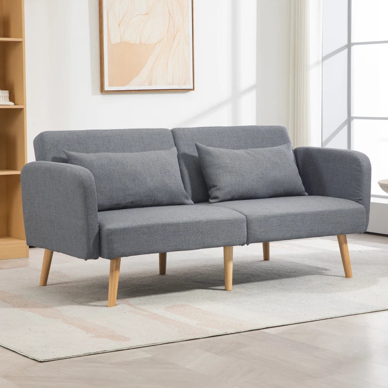 Grey Two-Seater Click-Clack Sofa Bed with Cushions for Space-Saving Comfort and Style