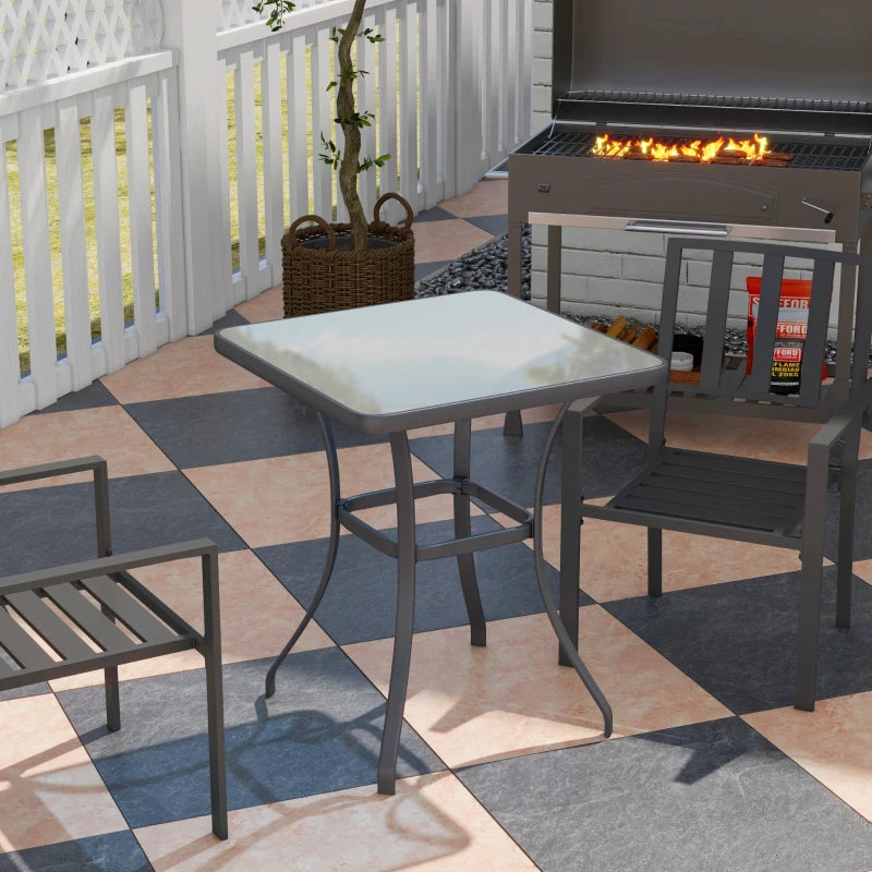 Black Square Outdoor Glass Top Dining Table, Metal Frame, 68.5 x 68.5 x 84cm