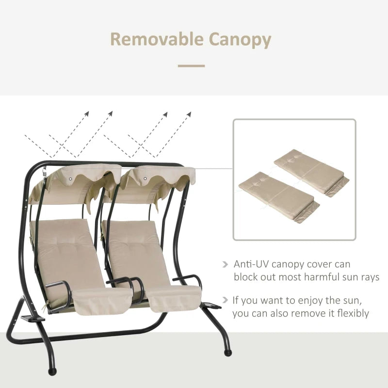 Beige Garden Swing Chair Set with Canopy and Cushions