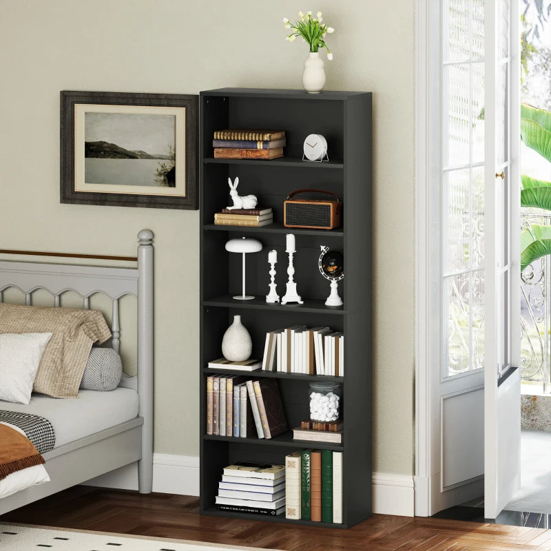 Stylish Black Six Shelf Bookcase - Modern Storage Solution for Home or Office, Perfect for Books and Decor